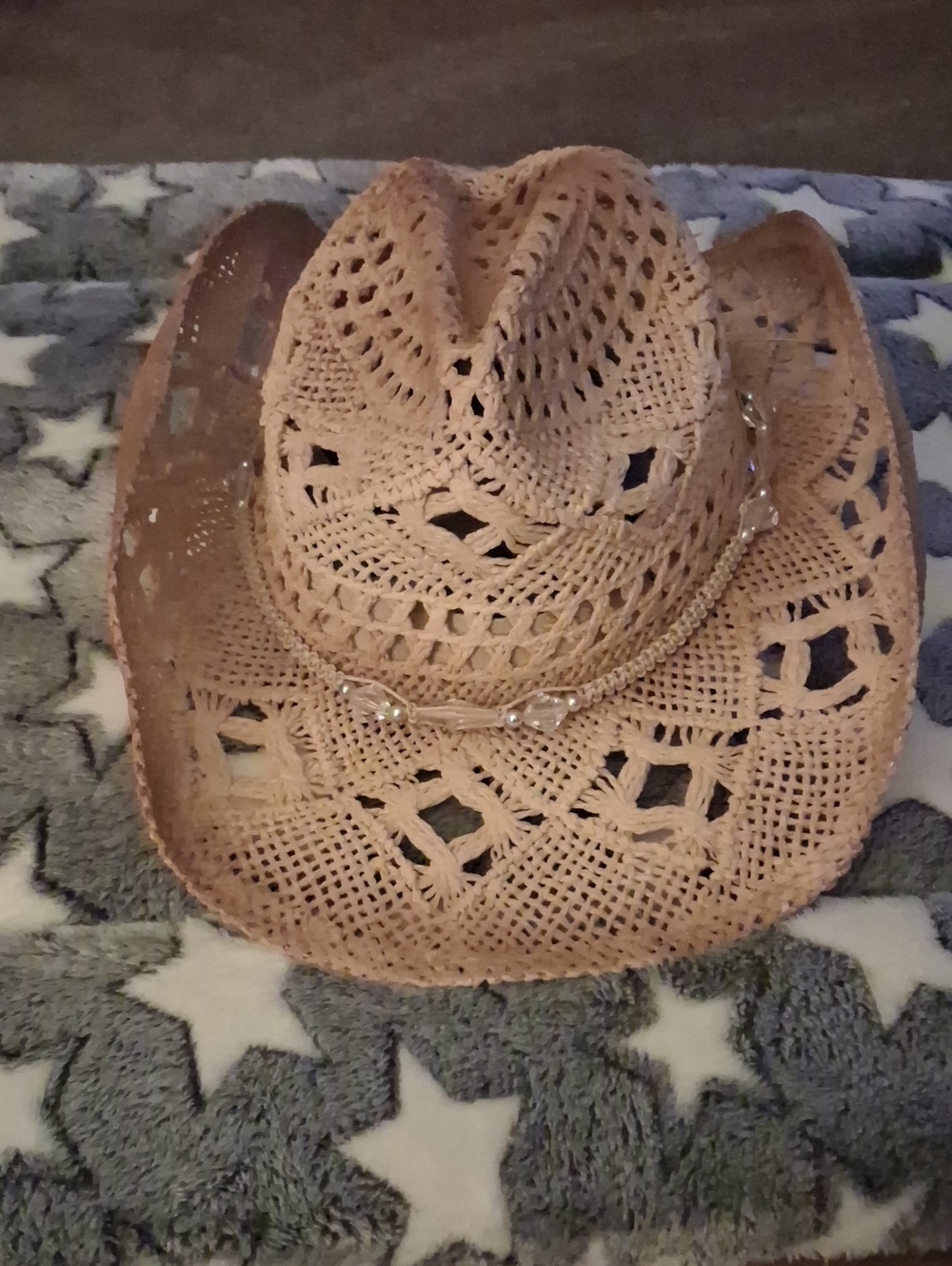 Women’s Crochet Straw Western Hat with Decorative Bead Band - Tan